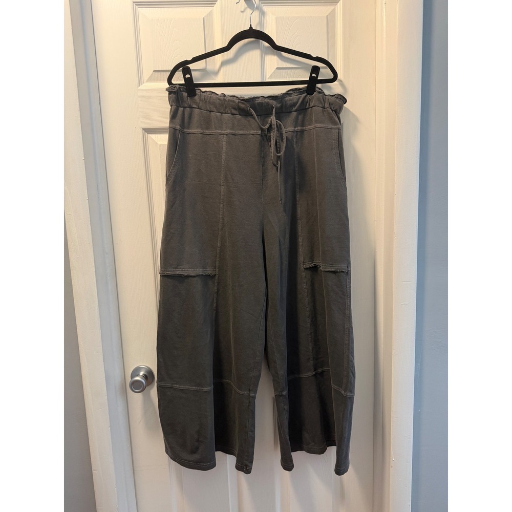 Zenana Mineral Wash Wide Leg Pants Charcoal‎ Grey Plus Size 2X